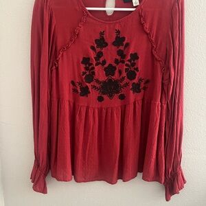 Blue Rain Scarlet Blouse with Black Embroidery